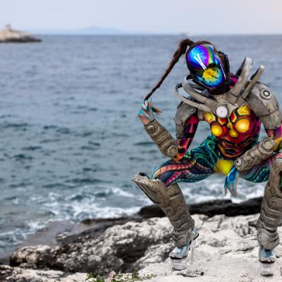Mann sitzt am Meer und sieht aus wie ein Alien oder ein Insekt. Wurde so von einem Bodypainting Artist hergerichet.