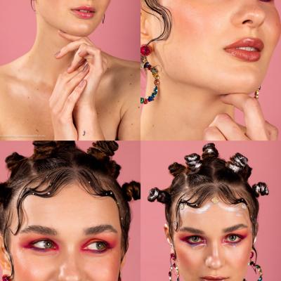 Beauty-Porträts einer Frau mit kreativem Make-up vor rosa Hintergrund in Collage