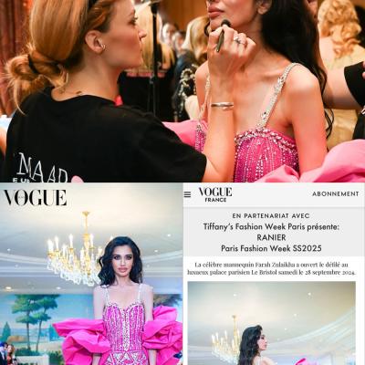 Make-up Artist Anna Barendregt arbeitet backstage an Model bei Paris Fashion Week mit pinkem Kleid